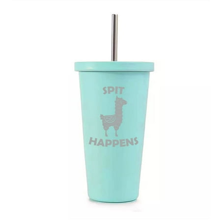 

16 oz Stainless Steel Double Wall Insulated Tumbler Pool Beach Cup Travel Mug With Straw Spit Happens Funny Llama (Teal)
