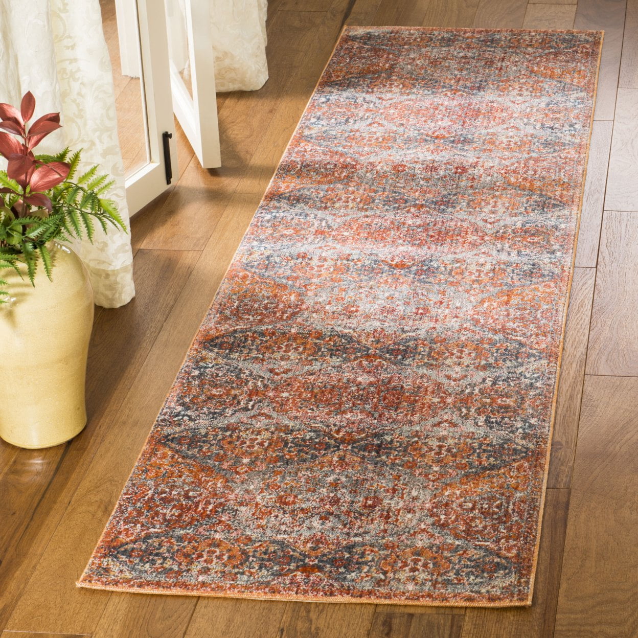 SAFAVIEH Vintage Persian Lucinda Geometric Polyester Runner Rug, Aqua/Orange, 2'2" x 12'