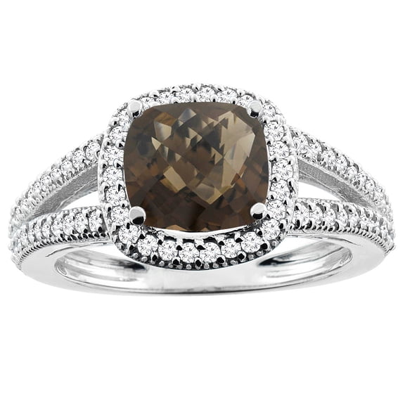 10K White Gold Natural Smoky Topaz Ring Cushion 7x7mm Diamond Accent 3/8 inch wide, size 6