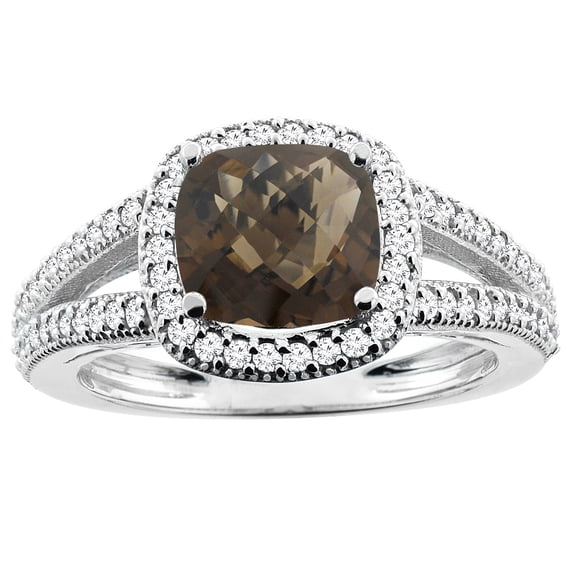 10K White Gold Natural Smoky Topaz Ring Cushion 7x7mm Diamond Accent 3/8 inch wide, size 7