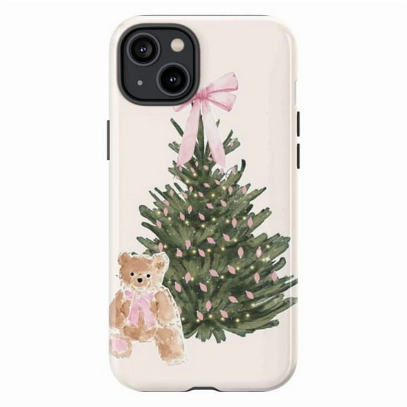 Cute Pink Christmas Phone Case, Teddy Bear & Watercolor Tree Holiday Cover for iPhone 17 16 15 14 13 12 11 Plus Pro Max Mini