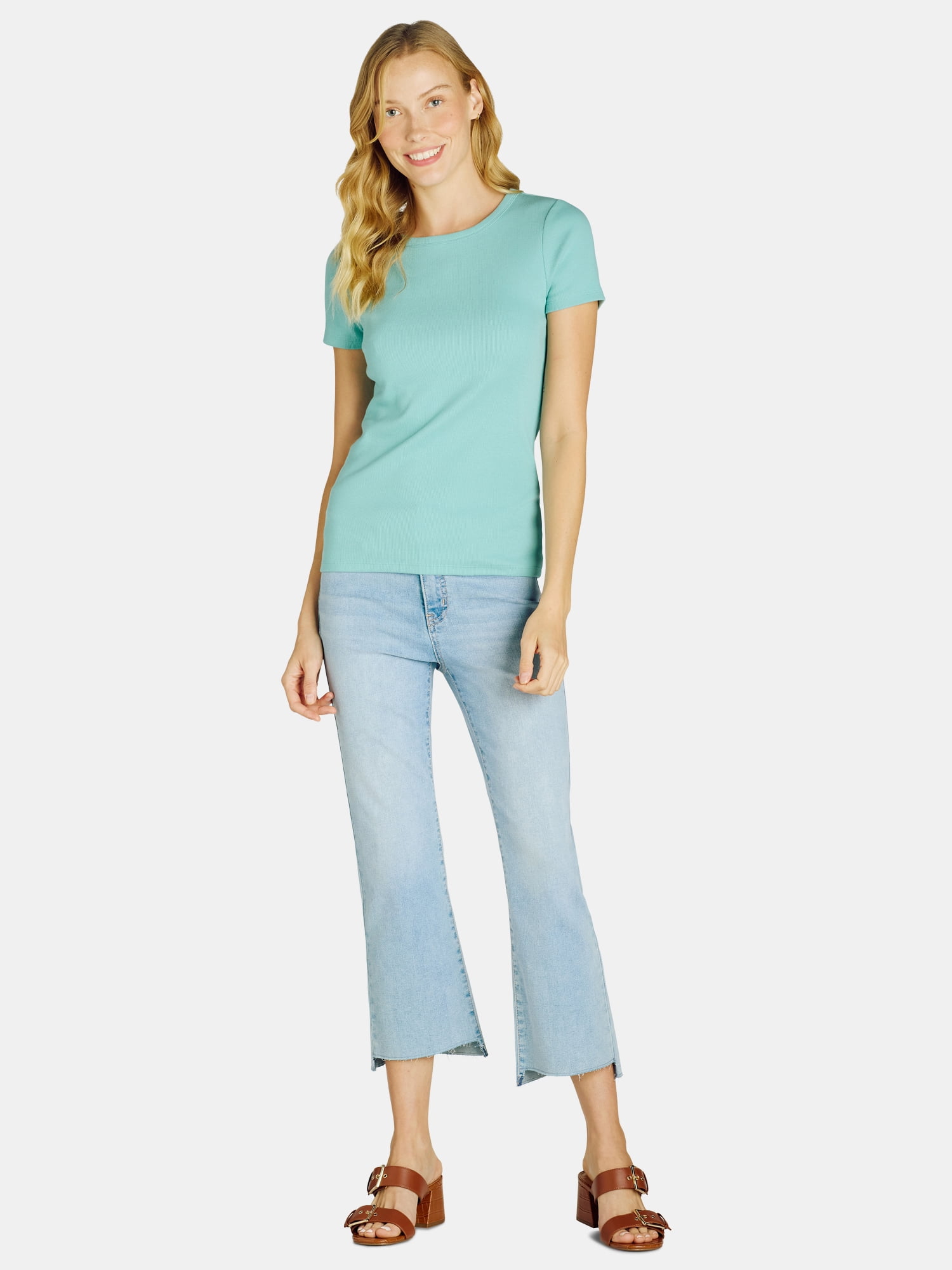 Time and Tru Women’s Rib Crewneck Tee with Short Sleeves, Sizes XS-XXXL