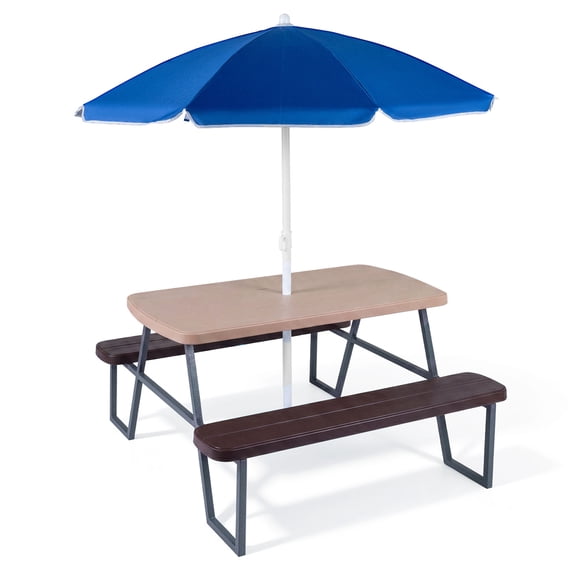 Costway Kids Picnic Table with Benches Removable Adjustable Umbrella Metal Frame for Patio Brown