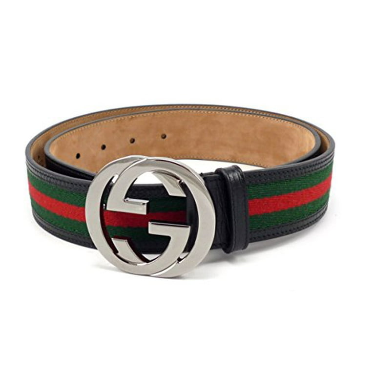 100% Authentic GG Silver Buckle Gucci Black leather belt Green/Red/Green