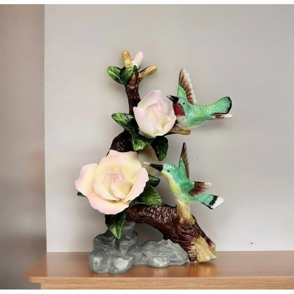Ceramic Hummingbird Figurine with Rose Flower 4.5 inches Home Decor Gift for Mom