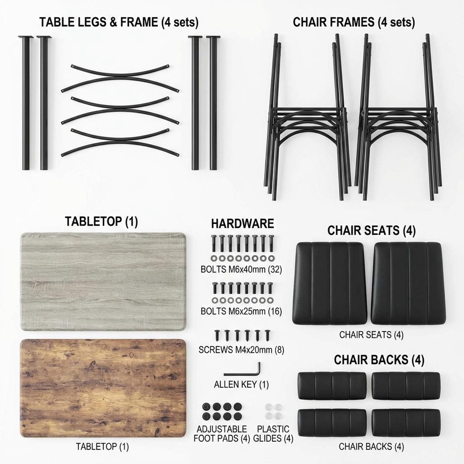 Wpond 5-Piece Dining Table Set, Rustic Brown Steel Frame with 4 Cushioned Chairs, Kitchen