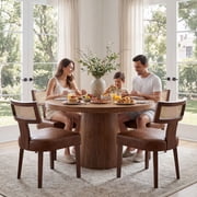 Guyou Modern Rattan Backrest Dining Chairs Set of 2, Mid-century Farmhouse Faux Leather Upholstered Kitchen Chairs Solid Wood Side Chairs for Kitchen Dining Room Living Room, Brown
