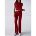 thumbnail image 5 of Women'S 2 Piece Lounge Sets Short Sleeve Tops Fold-over Flare Pants Casual Outfits Matching Set Wine Red L, 5 of 10