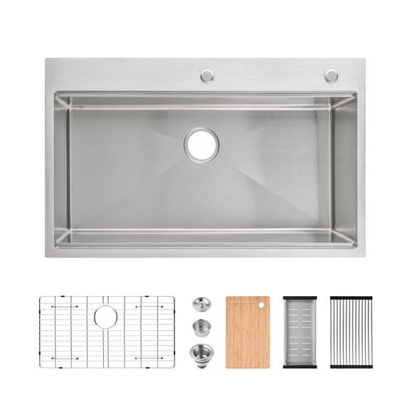 Acpouw Stainless Steel Kitchen Sink, 36″x22″ Single Bowl, Overmount Handmade Sink in Brushed, with Cutting Board, Colander, Grid, SS-BR01-362208