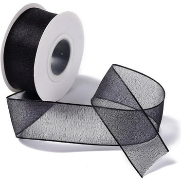 1 Inch Sheer Organza Ribbon Black Chiffon Ribbon Wrapping Trimming Transparent Silk Wrapping Satin Fabric Ribbons with Spool for Gift Wrapping Wedding Invitation Bouquets Christmas Diy Decor