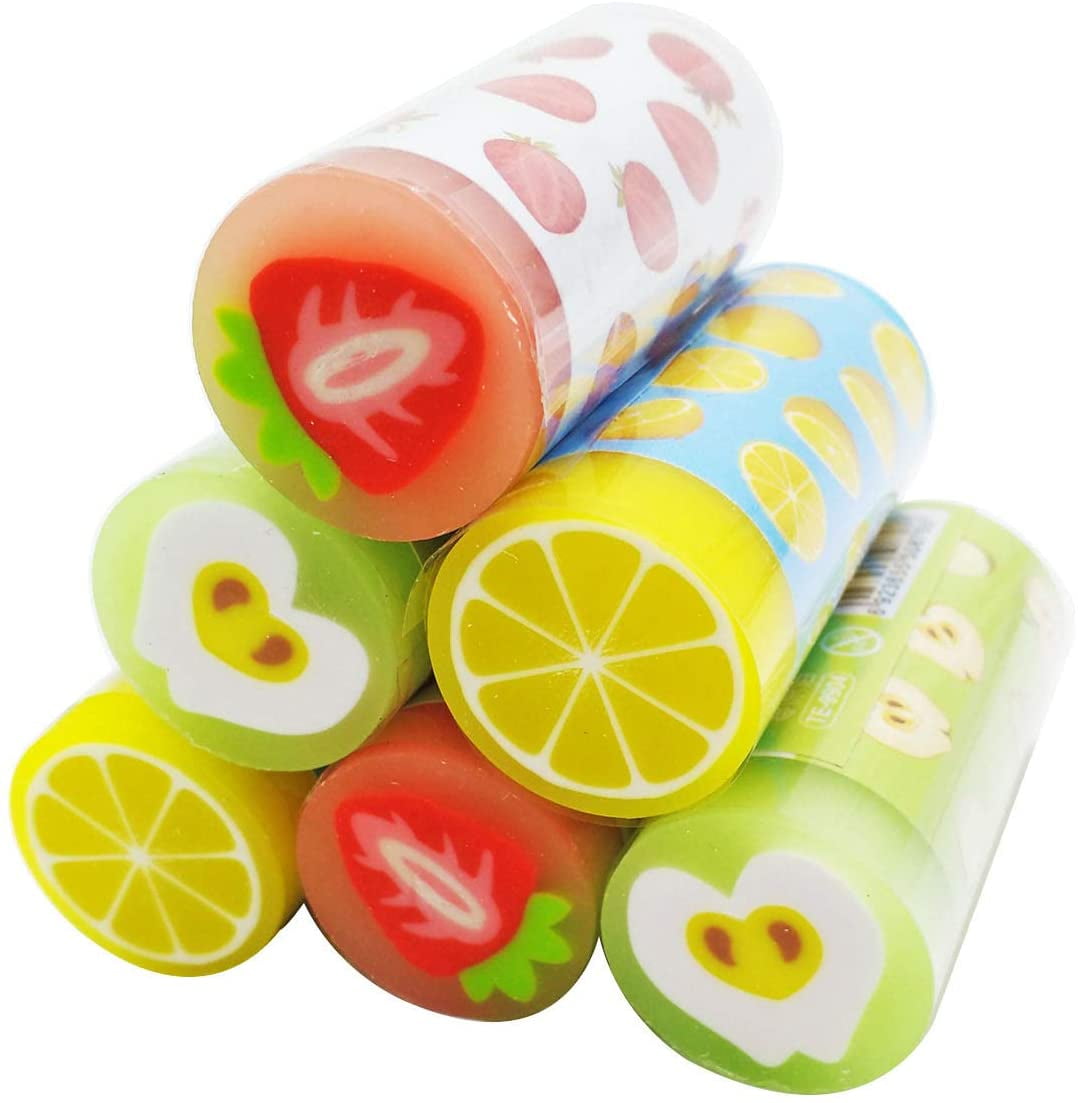 6 Pcs Kawaii Colored Cylindrical Shape 2B Pencil Erasers, Fruit Scented