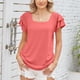 thumbnail image 5 of Camiseta de manga corta con vuelo para mujer, Top de doble capa, holgado, de verano, Color puro, informal, color naranja rosado XL, 5 of 8