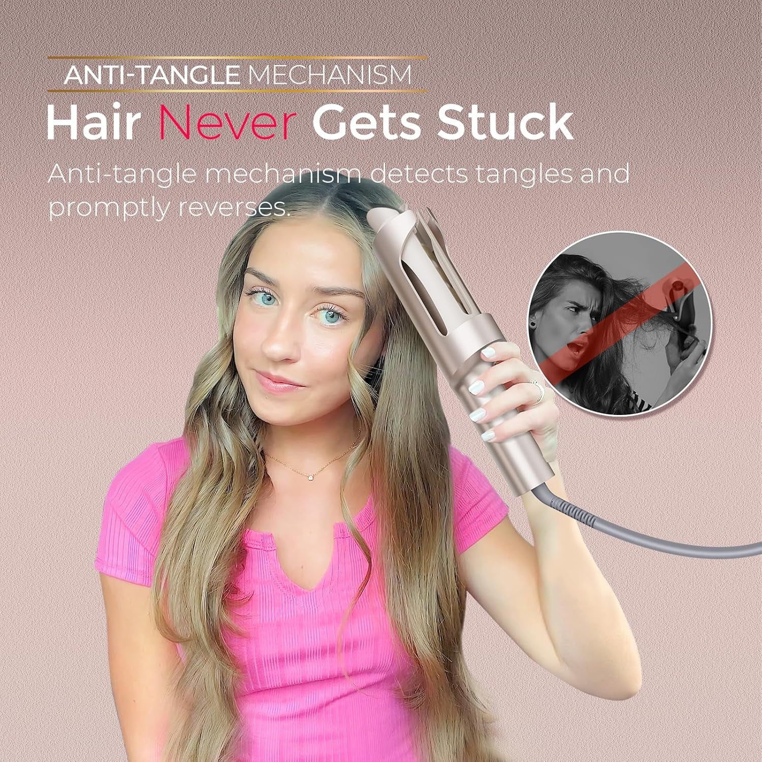 TYMO CurlPro Plus Automatic Rotating Curling Iron, Long Barrel Curling Wand for Long Hair, Anti-Scald, Tangle-Free, 600M Ionic, Dual Voltage, Gold, 1.25 Inch