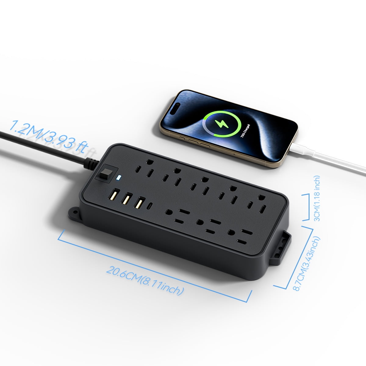 BEISHINK Extension Cord Power Board with Multiple Sockets, 4 - Foot Wire, Surge Protector, 4 USB Ports, Black