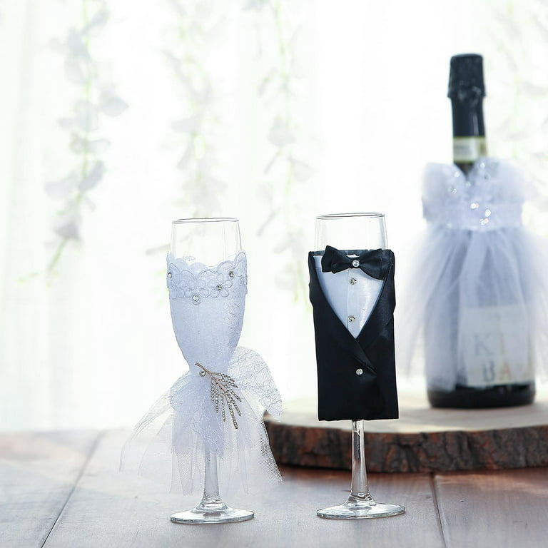 2Pc Wedding Champagne Flutes Bridal Groom Black White Dress Elegant Drink  Goblet Flower Imitation Pearl Decor