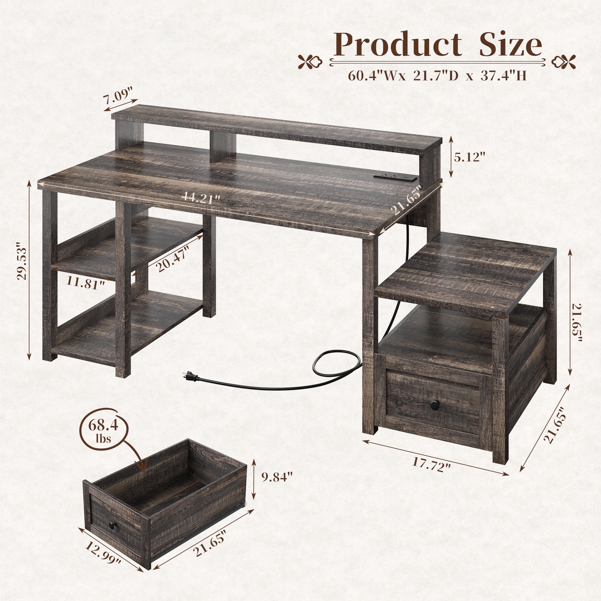 Romorgniz 60" Computer Desk Office Desk with Power Outlets & LED Light Home Office Desk with Drawers & 4 Open Storage Shelves Executive Desk with Monitor Stand for Working Writing,Dark Oak