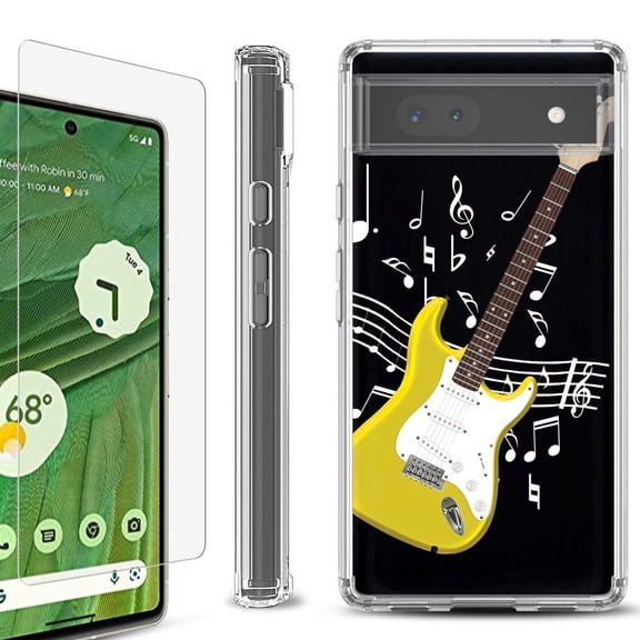 Shockproof Bumper Phone Case for Google Pixel 6a, with Tempered Glass Screen Protector, by OneToughShield ® - Guitar Yellow