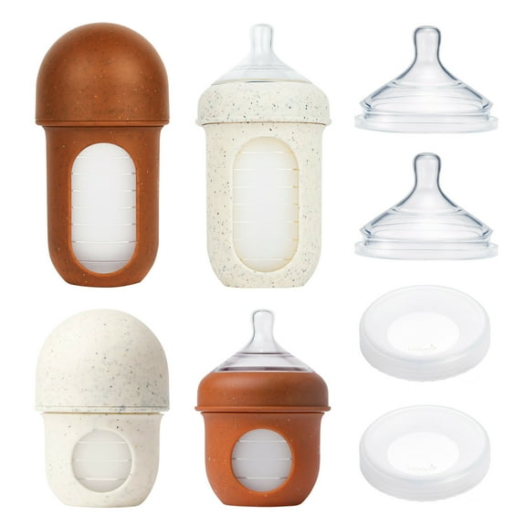 Boon NURSH® Silicone Speckle Bottle Bundle with Storage Lids   - Includes Slow/Medium/Fast Flow Nipples, 4 and 8 Ounce Bottles, and Storage Lids