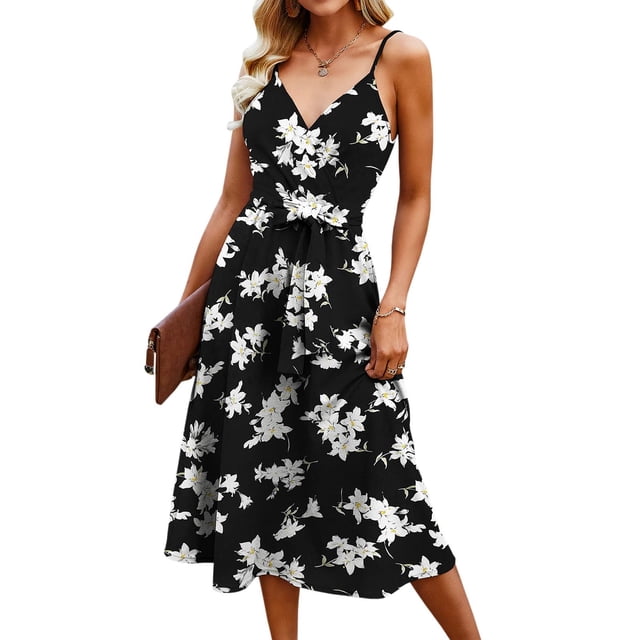 SMihono Robe Maxi Bohème d'Été pour Femmes Grande Taille Mode Féminine Sexy Col en V Sans Manches Découpée Imprimée Mini Robes Plage Robe d'Été