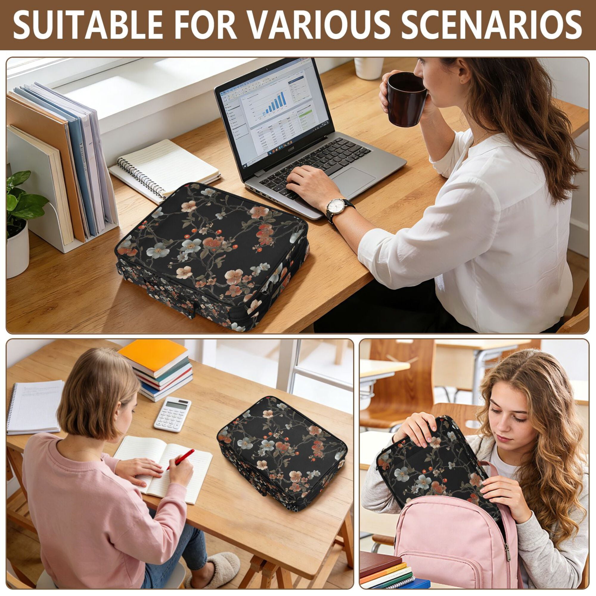FORMRS Accordion File Folder A4 Size 7-Pocket Expanding Document Organizer Bag with 3 Ring Binder, Black Flowers