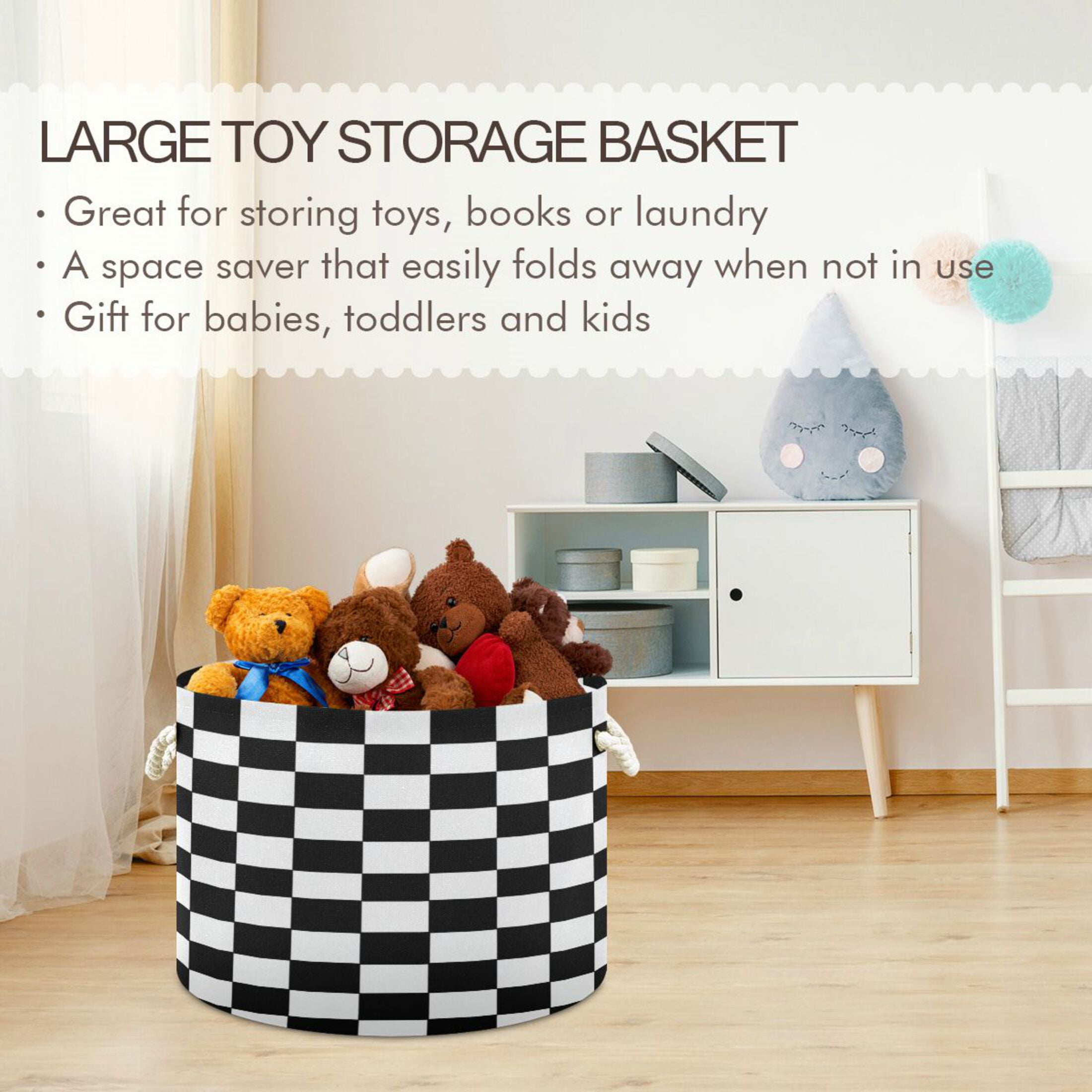 RMDQTR Round Toy Storage Basket Foldable Storage Basket for Home Decor Laundry Basket20" x 14" Classic Black-and-white Checkered Pattern