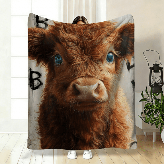 Cozy Scottish Highland Cow pattern Flannel Blanket - Soft Brown Cow Print Bedspread with Black Doodle Cow Patterns,Couch Bed Cover, Rustic Farmhouse Decor for Room.