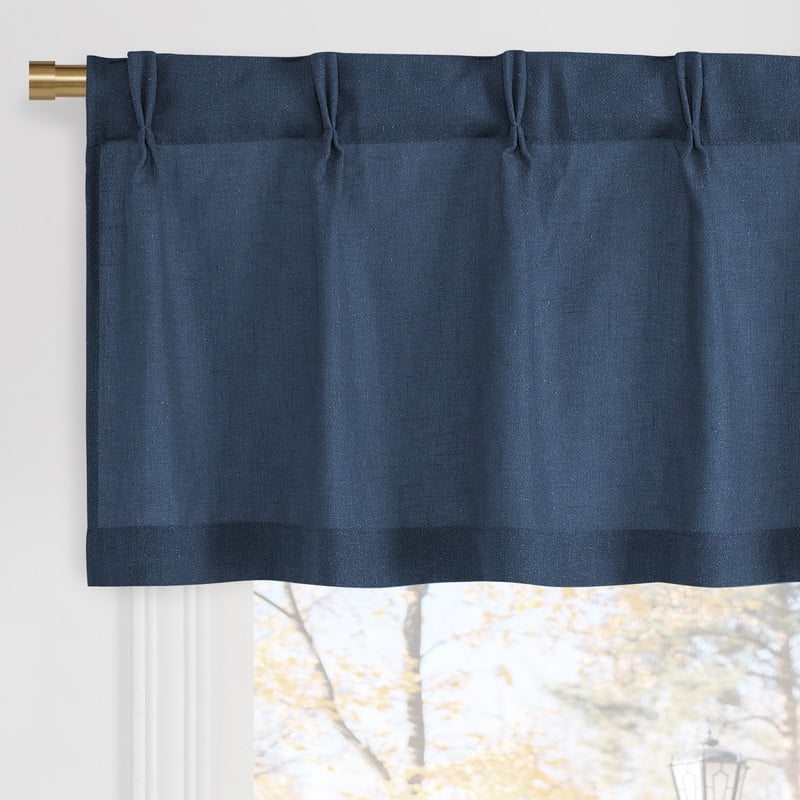 NICETOWN Linen Kitchen Curtains 36 Inches Long, Navy Blue Pinch Pleated Cafe Curtains Rustic Light Filtering Short Curtains for Bedroom Living Room, 26"x36", 1 Pair