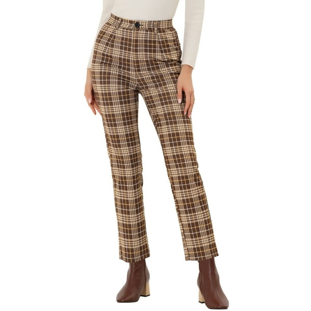 INSPIRE CHIC Pantalones De Tobillo A Cuadros Para Mujer Pantalones De Trabajo A Cuadros De Tartán Casual Con Botones Tartán Marrón S