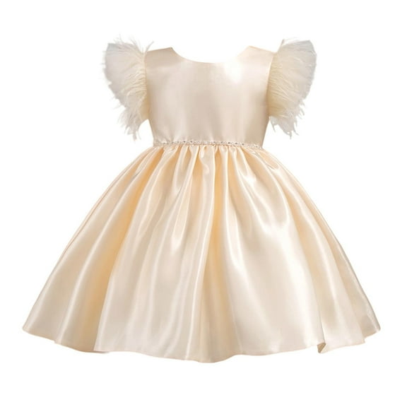 Girls Dress Flutter Sleeve Swing irthday Party Wedding Dress Little Girls Cotton Tulle Dresses Festive Backless Sleeveless Kids Casual Dress Beach Outfits Beige 3-4 Years