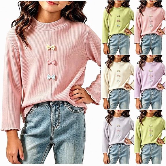 WAVSUF Girls Ribbed Top, Long Sleeve Bow Decor Mock Neck Winter Fall Warm Pullover Pink 7-8