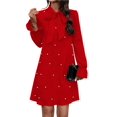 thumbnail image 3 of Women'S Pearl Beaded Tie Neck Long Sleeve Casual Work Short Dress Red XL, 3 of 9
