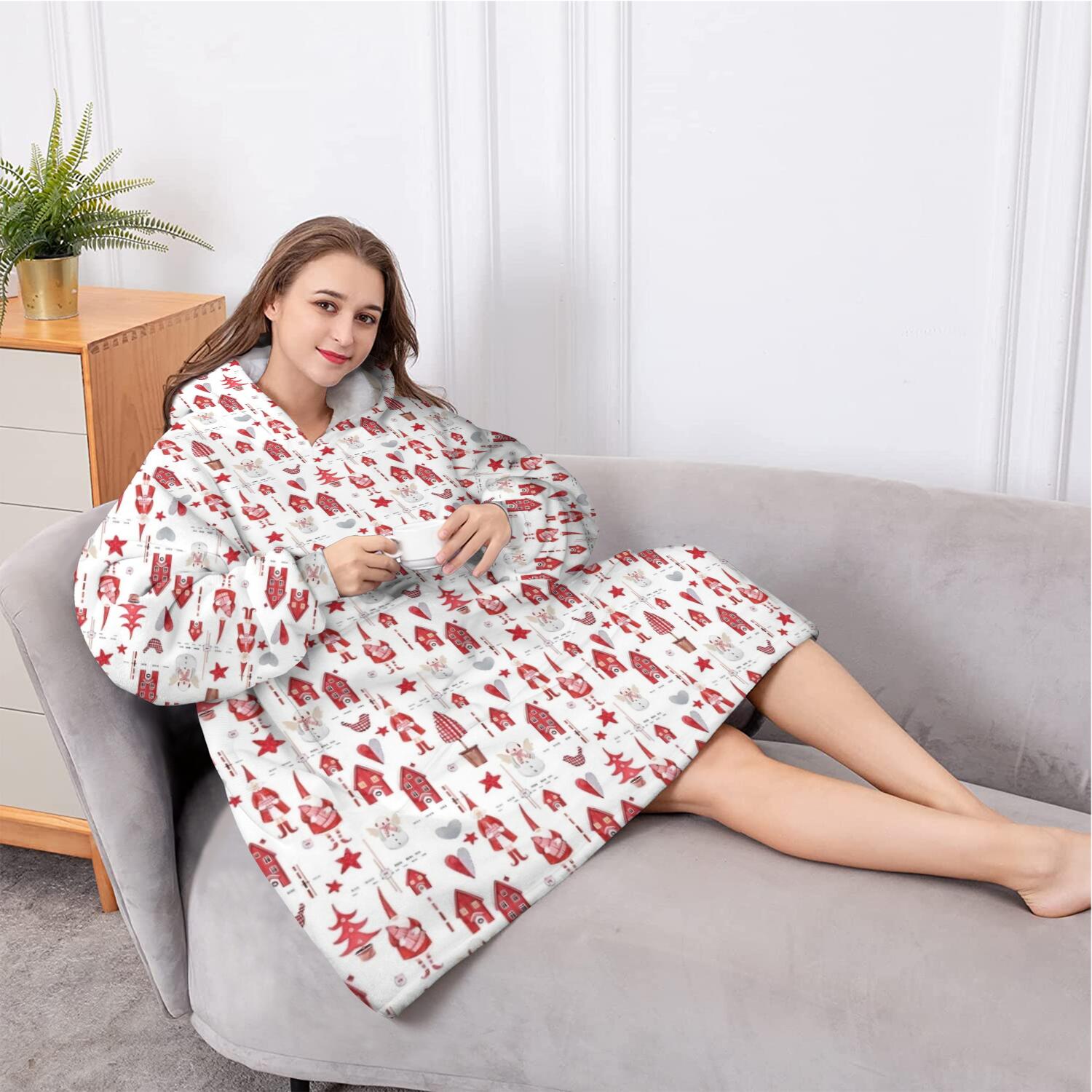 Oversized Wearable Blanket Hoodie,Red Christmas House and Tree Pattern Sherpa Blanket Hoodie with Super Pockets,Super Warm Fuzzy Pullover for Women & Men