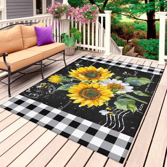 Spring Yellow Flowers Outdoor Rug for Patio/Deck/Porch, Non-Slip Large Area Rug 6 x 9 Ft, Check Oil Painting Vintage Indoor Outdoor Rugs Washable Area Rugs, Reversible Camping Rug Carpet Runner