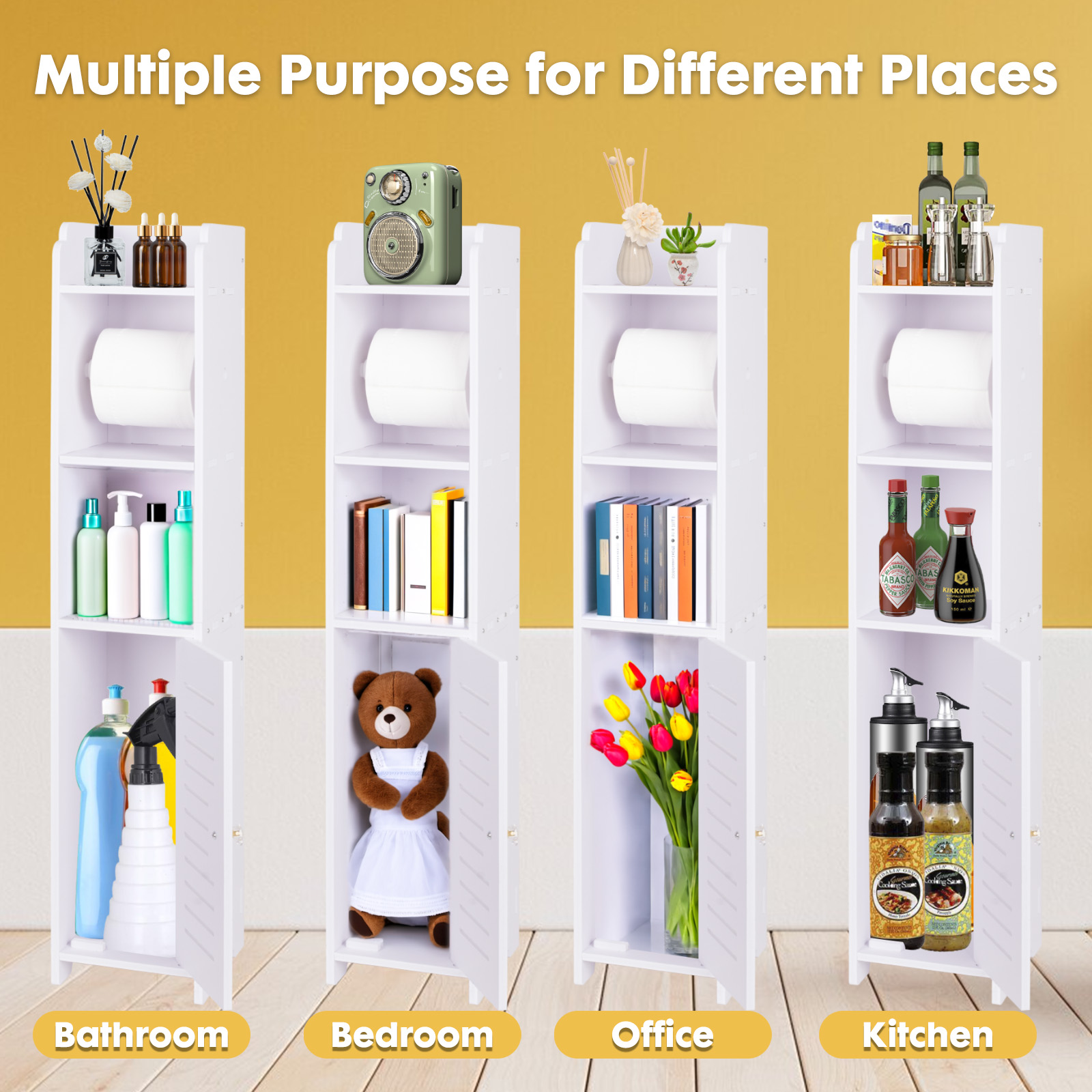 YOYTOO Bathroom Storage Cabinet with Doors and Shelves, Toilet Paper Roller Holders Free Standing Organizer for Small Spaces