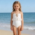 thumbnail image 2 of WRKEKC Girls Swimsuit Solid Ribbed Shell Accent Ruffled Trim One Piece Bathing Suit 4-8 Years, 2 of 9