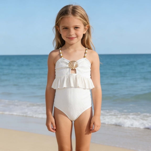Gamivast Toddler Girl's Ribbed One Piece Swimsuit Shell Decor Ruffle Waist Halter Monokini Summer Beach Holiday Outfits Cute Sunbathing Bathing Suit