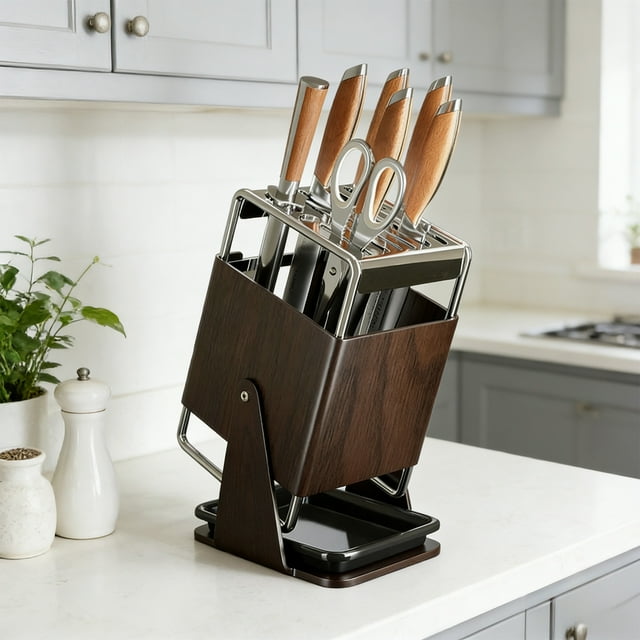 HIGERH Stainless Steel Rotating Knife Block | 360-Degree Rotating Kitchen Knife Holder | Compact Countertop Storage for Chefs & Home Cooks
