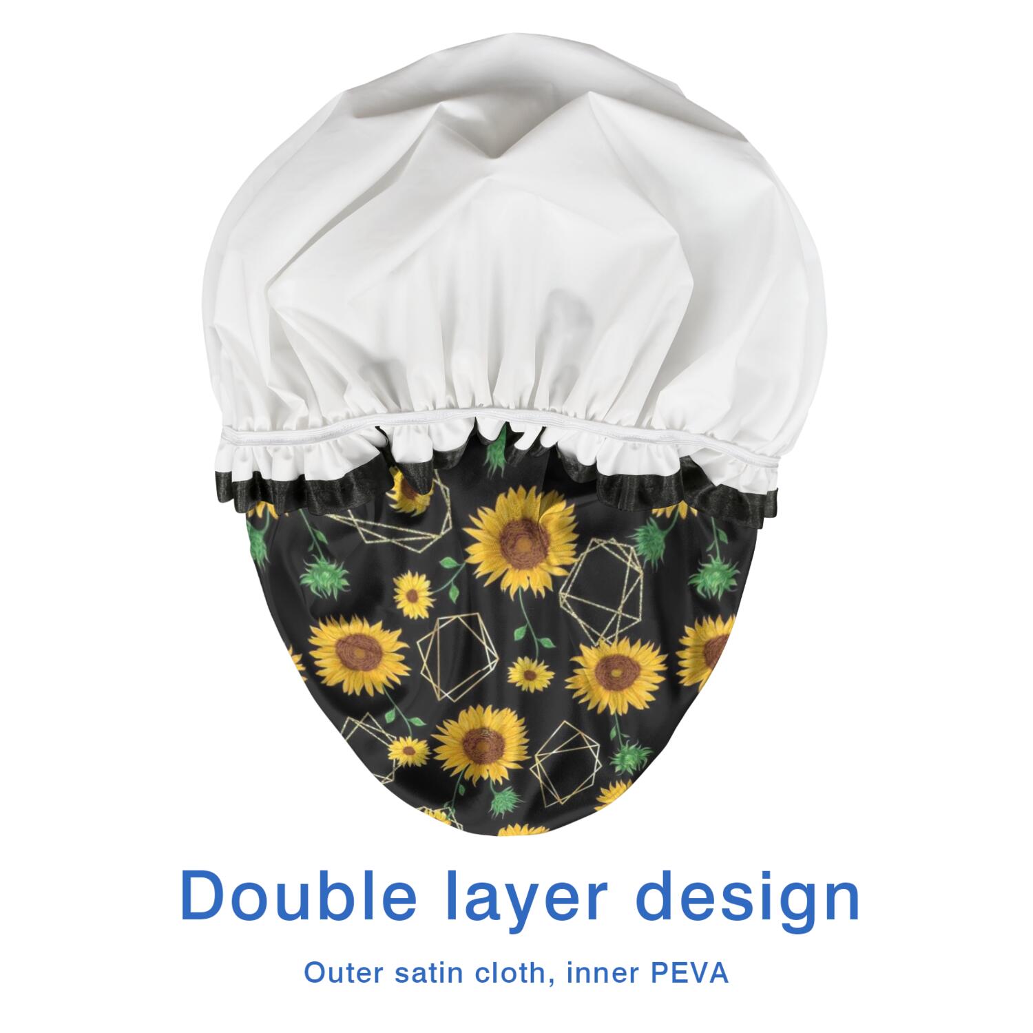 Shower Caps,Black Geometric Sunflower Pattern Waterproof Shower Cap for Women 4 Pieces,Double Reusable Hair Cover for Shower PEVA Elastic Stretch Hem