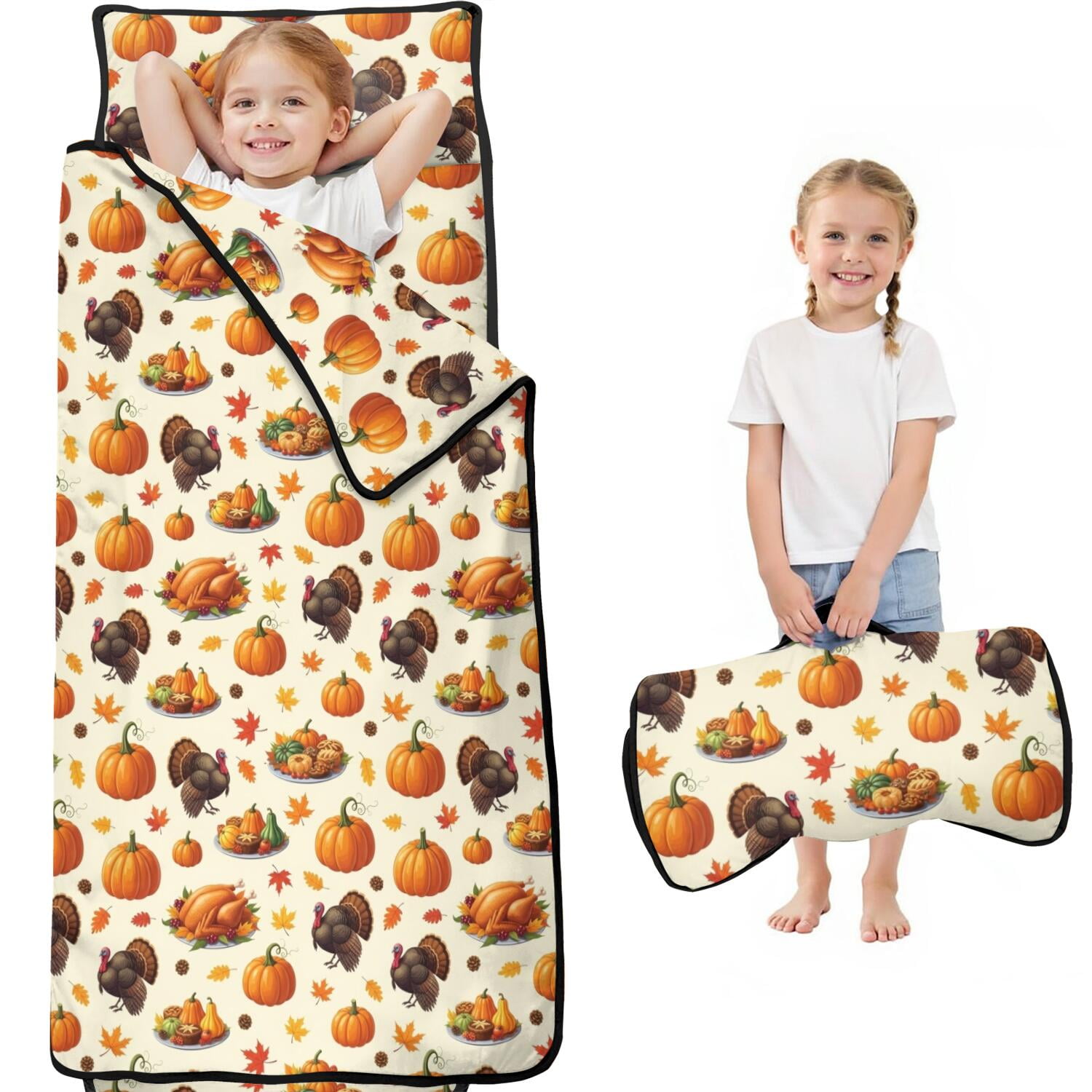 Thanksgiving Roasted Turkey Pumpkin Kids Nap Mat All-in-One Nap Pad with Handle & Fastening Straps Hypoallergenic Gifts for Back To School Nap Time 59 x22