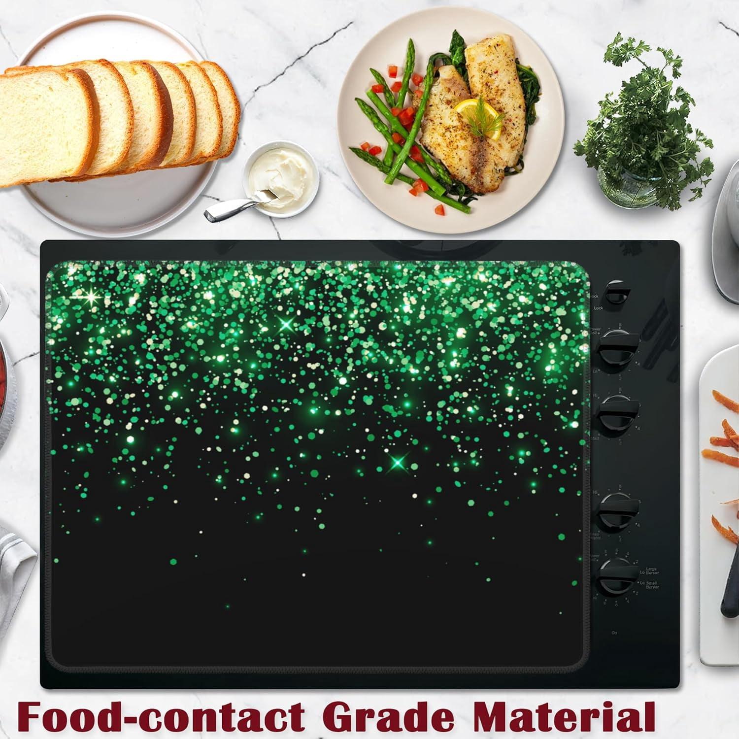 Green Glitter Stove Top Cover for Electric, Glass Ceramic Stove Cover, Heat Resistant Flat Stovetop Protector, Dish Drying Mats for Kitchen