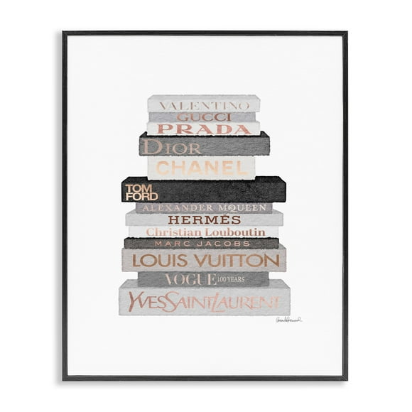 Stupell Industries Neutral Grey and Rose Gold Fashion Bookstack Black Framed Wall Art, 24x30, Gray