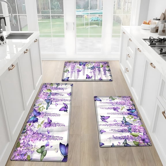 1/2/3pcs Wisteria Flannel Soft Kitchen Rugs Non Slip Washable, Throw Rug, Non-Skid Runner Rug, Floor Mat, Doormat, Living Room Laundry Bathroom Water-Absorbing Mat Set, Area Rug, Decor