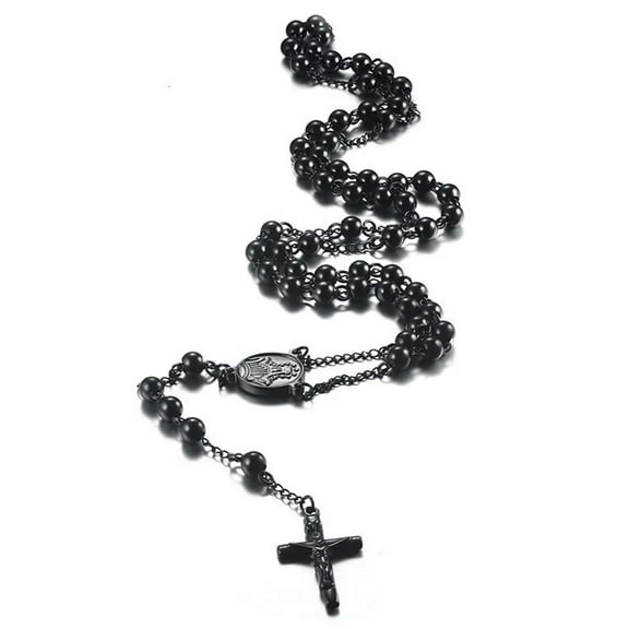 QQTDFG 30 7"Stainless Steel HEAVY 8mm Black Plated Beads Rosary Chain Necklace for men-default