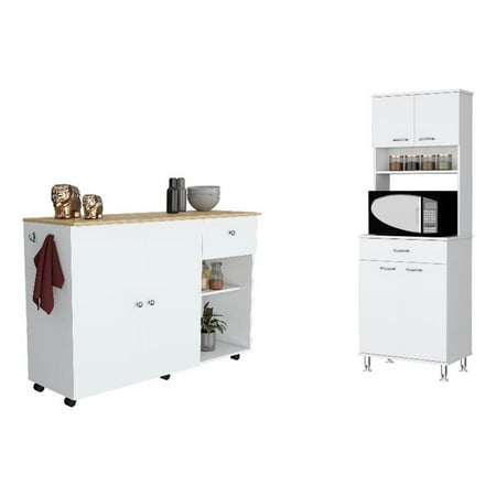 Campbell 2 Piece Kitchen Set, Kitchen Island Cart Victoria + Della 60 Pantry, White / Light Oak