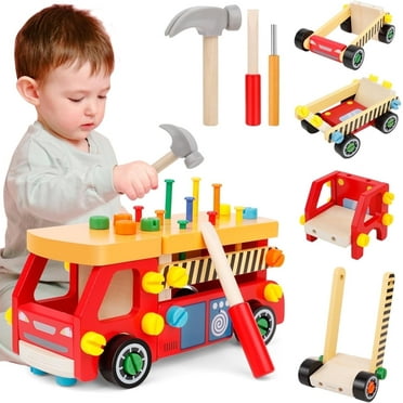 Kids Tool Set for Boys, Wooden Toddler Tool Bench Montessori Toys for 2 Year Old, 62 Pcs Construction Educational Pretend Play for Age 2-5 Birthday Gift