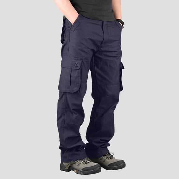 qelini Cargo Pants Men Straight Leg Trousers Multiple Pockets Elastic Waist Solid Color Jogger Full Length Pants