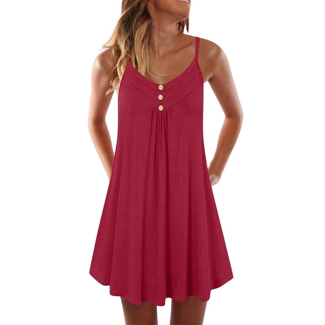 Amzcrzy Robes d'Été Grande Taille pour Femmes Couleur Unie Col en V Sans Manches Robe de Plage Spaghetti Décontractée Mini Robe d'Été Fluide P-5TG