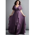 thumbnail image 1 of Flycurvy Plus Size Mother Of The Bride Grape Irregular Hem Overlay Wrap Neck Elegant Maxi Dress for Women 2025, 1 of 1