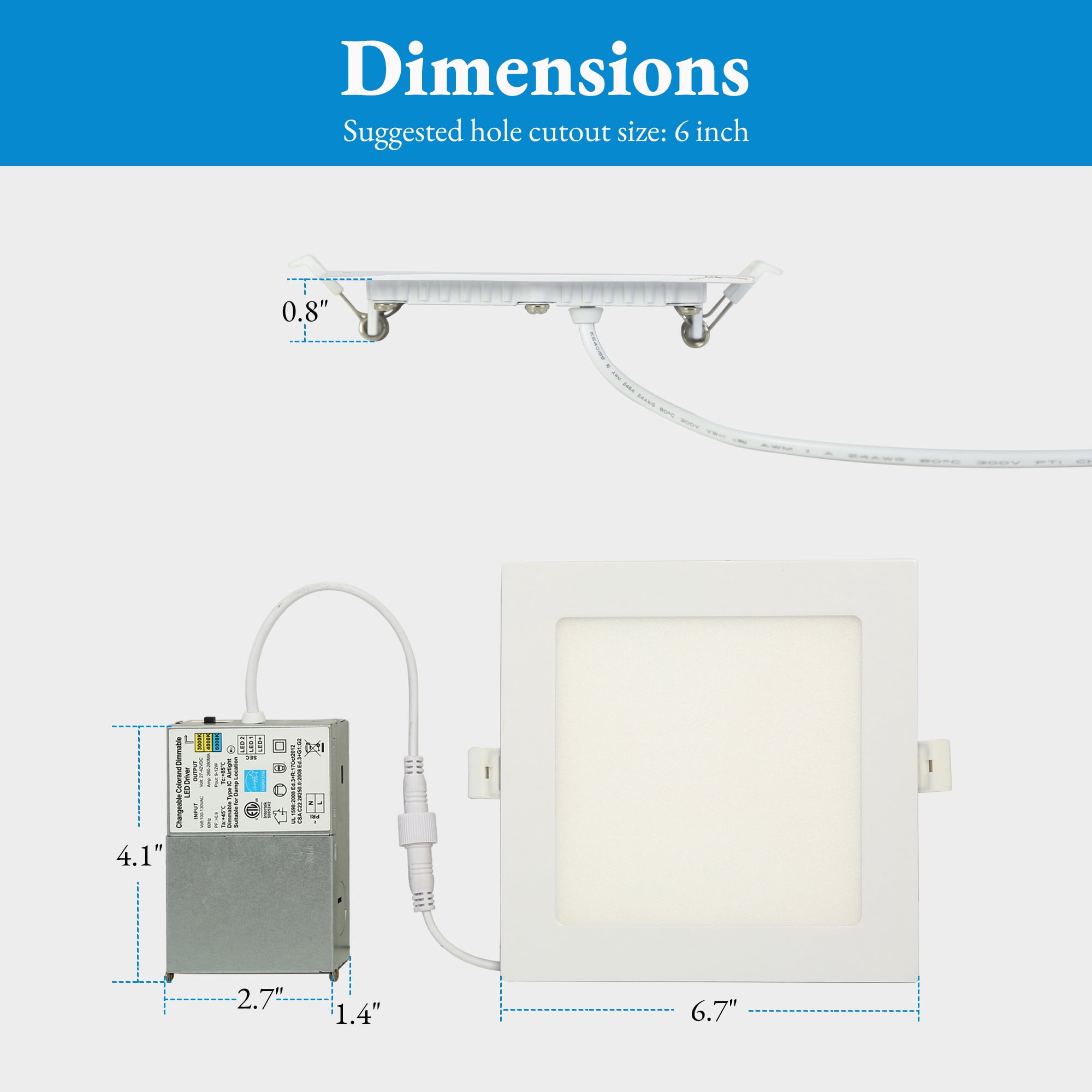 LNC 6 Inch Square LED Recessed Light,12W,3CCT,1100LM,Dimmable,Canless,Energy Star,ETL Listed,for Kitchen,Living Room,Bedroom