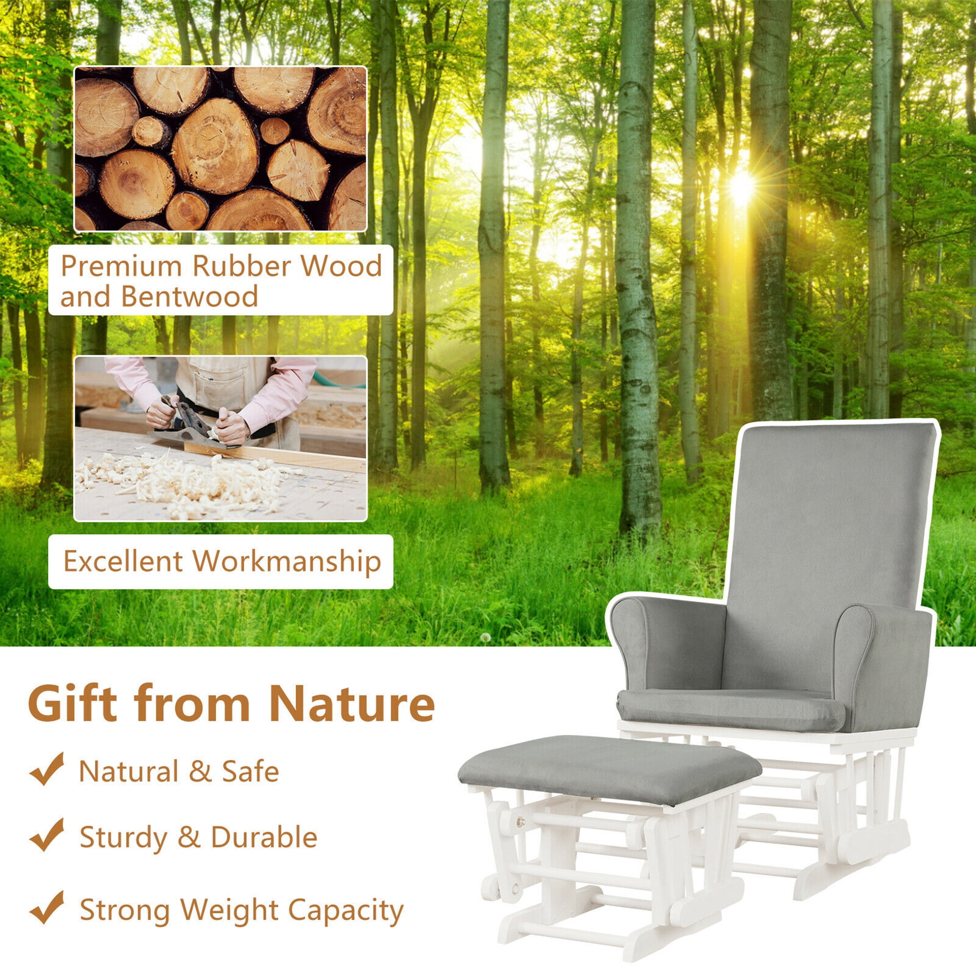 Gymax Glider and Ottoman Cushion Set Wooden Baby Nursery Rocking Chair Grey